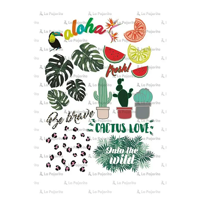 La Pajarita Papel para manualidades Transfer Aloha - 30 x 20 cm, Multicolor - Ilustraciones tropicales con plantas, frutas, un tucán y letras como Aloha y Cactus Love.