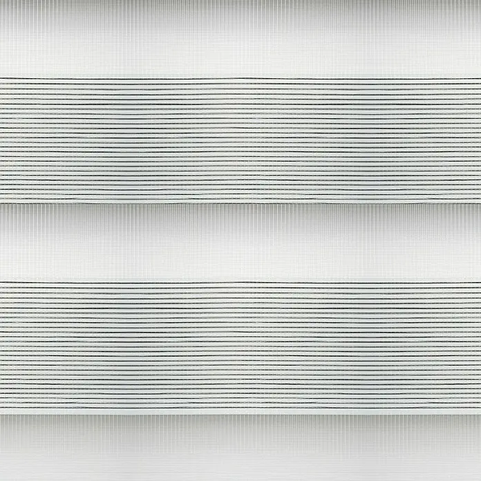 Estor noche y día Platinum - An x Al: 200 x 250 cm, Gris - Primer plano de una moderna persiana enrollable horizontal a rayas en blanco y gris, que ofrece un filtrado de luz elegante.