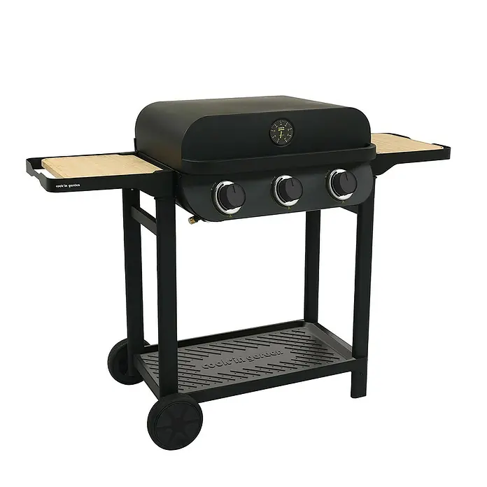 Barbacoa de gas Flavo 60 - Número de quemadores: 3 ud. - Barbacoa negra con tres quemadores y mesas laterales. Perfecto para fiestas en el jardín y asados al aire libre.