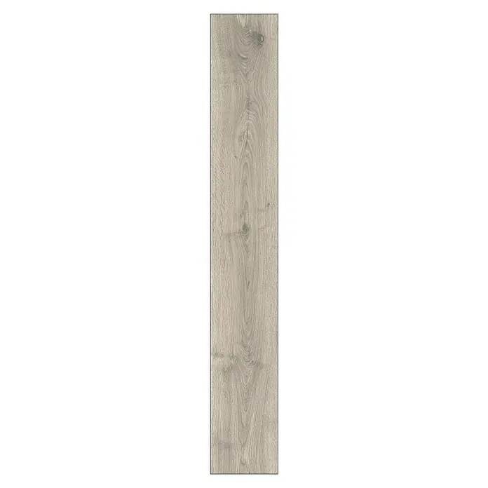Krono Original Laminat Atlantic 8 - Silverdale Oak, Landhausdiele, 1.285 x 192 x 8 mm - Detailaufnahme einer einzelnen hellgrauen Holzdiele mit deutlicher Maserung und Astloch. Ideal für Bodenbeläge mit natürlichem Flair.