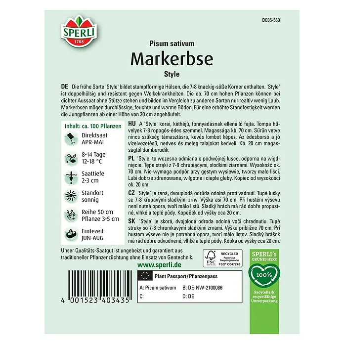 Sperli Gemüsesamen Markerbsen - Pisum sativum, Saatzeit: April, Erntezeit: Juni - SPERLI Markerbse 'Style' Saatgutpackung. Die Packung enthält Saatgut für ertragreiche, süße Erbsen, ideal für den Hausgarten.