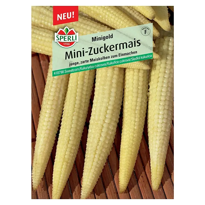 Sperli Gemüsesamen Mini-Zuckermais Minigold - Zea mays, Saatzeit: April, Erntezeit: Juli - Abbildung einer Packung Minigold Mini-Zuckermais Samen von Sperli, ideal für den Anbau von zarten Maiskolben im eigenen Garten.