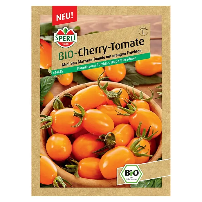 Sperli Gemüsesamen BIO Cherry-Tomaten - Solanum lycopersicum, Saatzeit: Februar, Erntezeit: Juli - Samensachet mit Bio-Cherry-Tomaten. Mini San Marzano Tomaten mit orangen Früchten, ideal für den eigenen Anbau im Garten oder auf dem Balkon.