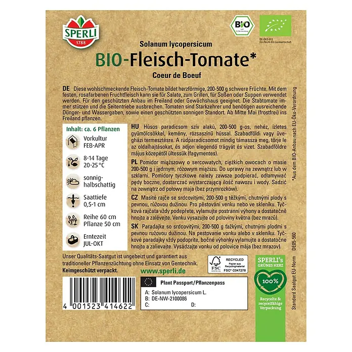 Sperli Gemüsesamen BIO Fleischtomaten - Solanum lycopersicum, Saatzeit: Februar, Erntezeit: Juli - SPERLI BIO-Fleisch-Tomate 'Coeur de Boeuf' Samenpackung. Herzförmige Tomaten für Salate und Soßen, aus ökologischem Anbau.