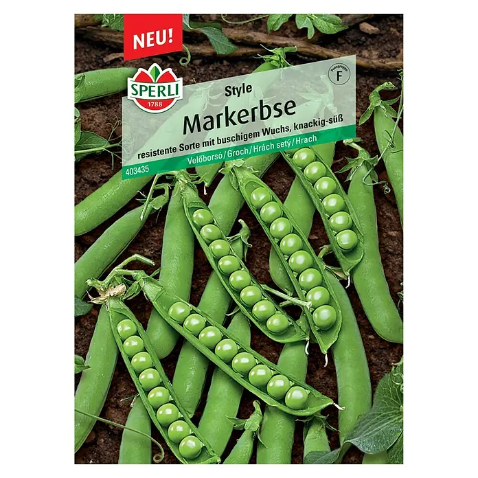Sperli Gemüsesamen Markerbsen - Pisum sativum, Saatzeit: April, Erntezeit: Juni - Samenpackung 'Markerbse Style' von Sperli. Resistent, buschig wachsend und knackig-süß. Ideal für den Gemüseanbau im eigenen Garten.