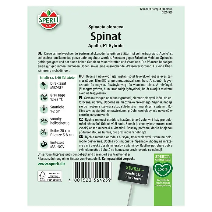 Sperli Gemüsesamen Spinat Apollo - Spinacia oleracea, Saatzeit: März, Erntezeit: Mai - SPERLI Spinat Apollo F1-Hybride Saatgutpackung, ideal für den Anbau von schossfestem, ertragreichem Spinat mit dunklen Blättern.
