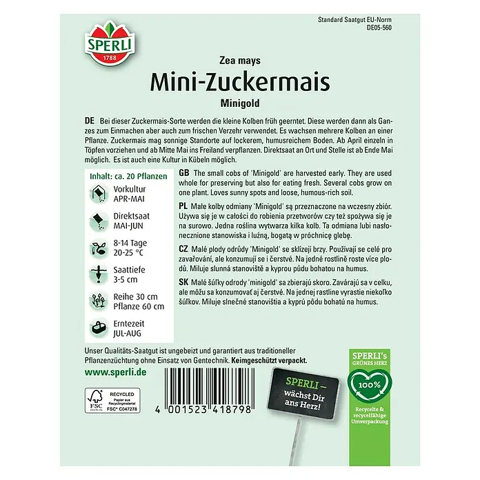 Sperli Gemüsesamen Mini-Zuckermais Minigold - Zea mays, Saatzeit: April, Erntezeit: Juli - Bild der Samenpackung Mini-Zuckermais 'Minigold' von Sperli.