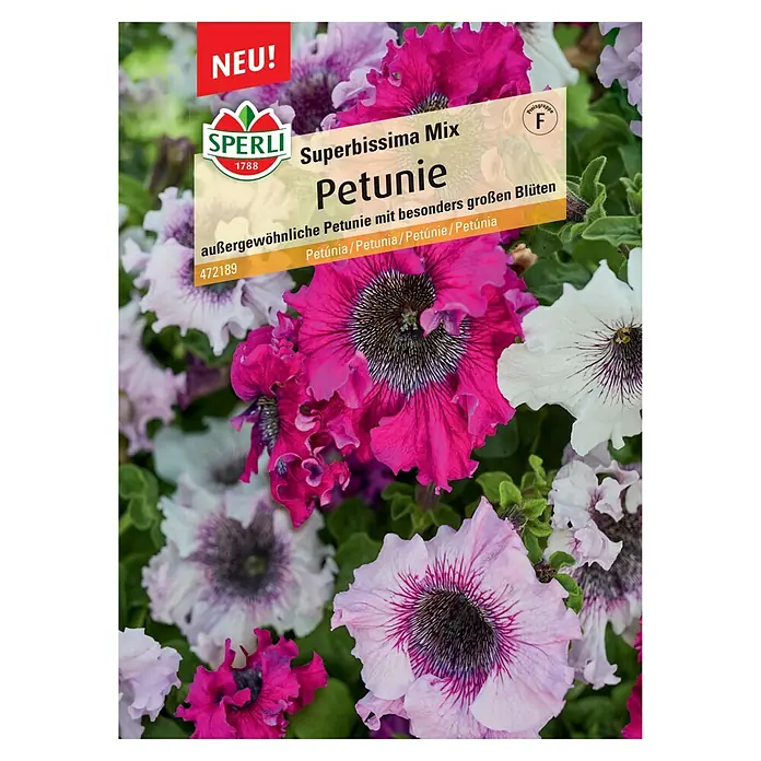 Sperli Blumensamen Petunie Superbissima Mix - Petunia x hybrida, Mehrfarbig - Sämerei-Packung Superbissima Mix Petunie. Die Packung zeigt eine Nahaufnahme einer Mischung aus bunten Petunienblüten.