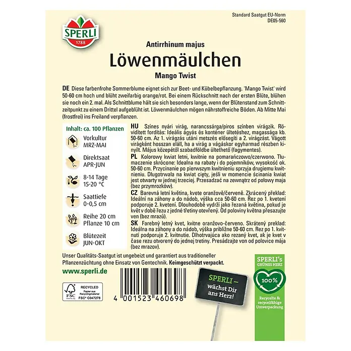 Sperli Blumensamen Löwenmäulchen - Antirrhinum majus, Saatzeit: März, Blütezeit: Juni - SPERLI Löwenmäulchen 'Mango Twist' Samenpackung. Sommerblume für Beet- und Kübelbepflanzung mit zweifarbigen orange/roten Blüten.
