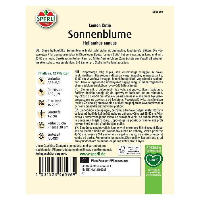 Sperli Blumensamen Sonnenblume Lemon Cutie (Helianthus annuus 'Lemon Cutie', Zitronengelb) | BAUHAUS