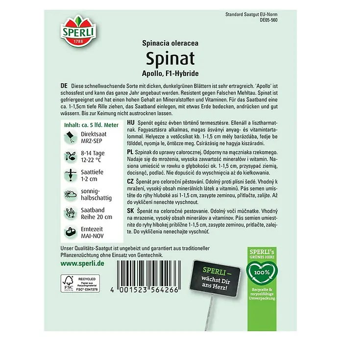 Sperli Gemüsesamen Spinat Apollo - Spinacia oleracea 'Apollo', Erntezeit: Mai - Samenpackung Spinat Apollo F1-Hybride von Sperli. Schnellwachsende Sorte, resistent gegen Mehltau und für ganzjährige Ernte geeignet.