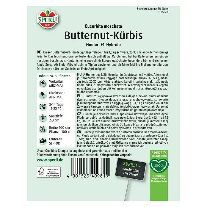 Sperli Gemüsesamen Butternutkürbis - Cucurbita moschata, Saatzeit: März, Erntezeit: August - Samenpackung für Butternut-Kürbis 'Hunter' F1-Hybride, eine samenfeste Sorte für den Anbau im eigenen Garten.