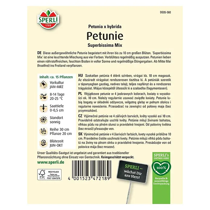 Sperli Blumensamen Petunie Superbissima Mix - Petunia x hybrida, Mehrfarbig - Petunien 'Superbissima Mix' Saatgut von Sperli. Für farbenfrohe Blüten mit einer Höhe von bis zu 10 cm. Keimgeschützt verpackt.