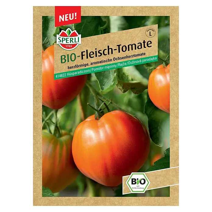 Sperli Gemüsesamen BIO Fleischtomaten - Solanum lycopersicum, Saatzeit: Februar, Erntezeit: Juli - Abbildung einer Samentüte für BIO-Fleisch-Tomaten von Sperli.