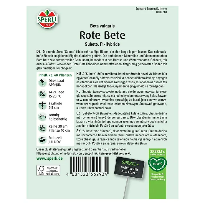 Sperli Gemüsesamen Rote Bete - Beta vulgaris, Saatzeit: April, Erntezeit: Juli - Saatguttüte für 'Subeto' Rote Bete, eine F1-Hybride, die saftige Rüben mit tiefrotem Fleisch liefert und sich gut lagern lässt.