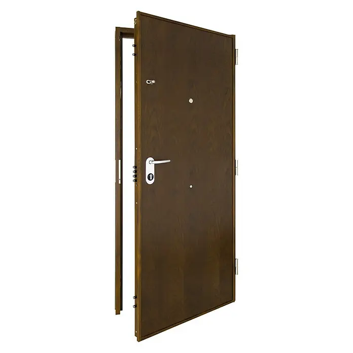 SegureStil Puerta de entrada exterior VH500 Serie V - 90 x 207 cm, Derecha, Nogal, Acorazada - Puerta de seguridad de madera marrón semiabierta con manija plateada, mirilla y pestillos multipunto visibles.