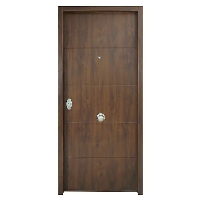 SegureStil Puerta de entrada exterior VH500 Serie V - 90 x 207 cm, Derecha, Nogal, Acorazada - Puerta de madera marrón con accesorios. La puerta tiene un diseño moderno con líneas horizontales y detalles plateados.