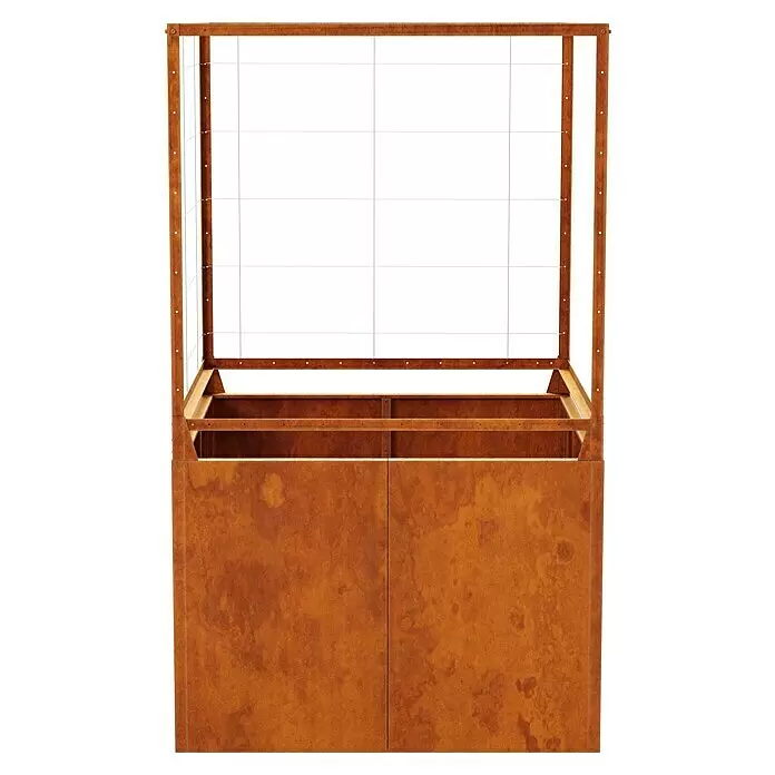 Palatino Hochbeet Home of Tomatoes - 100 x 100 x 183 cm, Cortenstahl, Rostbraun - Brauner Holzschaukasten mit oberem Drahtrahmen und zweitürigem Unterschrank.