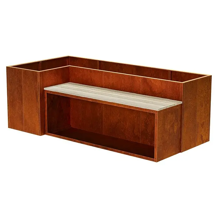 Palatino Hochbeet Urbank - 100 x 200 x 70 cm, Cortenstahl, Rostbraun - Rostfarbene Außenbank aus Metall mit Holzplatte, ideal für den Garten. Sie bietet Stauraum und Sitzgelegenheit zugleich.\n