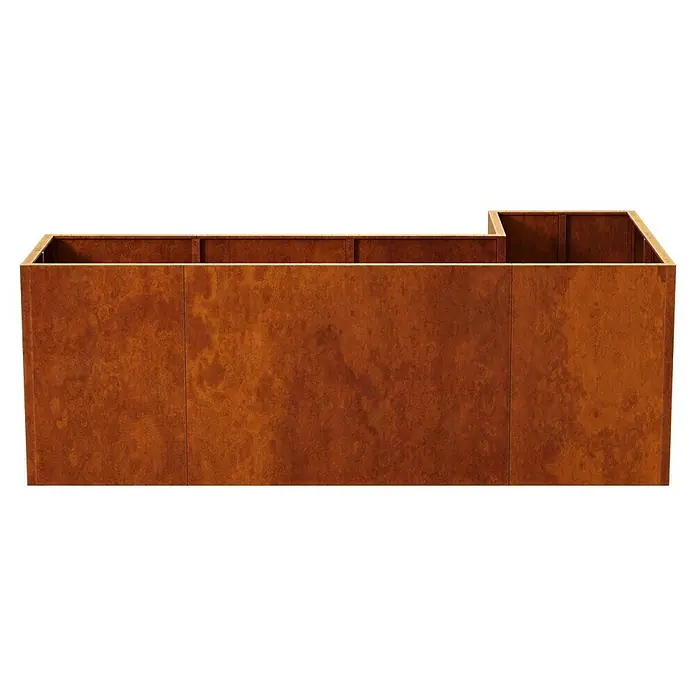 Palatino Hochbeet Urbank - 100 x 200 x 70 cm, Cortenstahl, Rostbraun - Nahaufnahme eines Pflanzgefäßes aus Cortenstahl mit Rostoptik, das durch seine robuste Bauweise und natürliche Patina besticht.