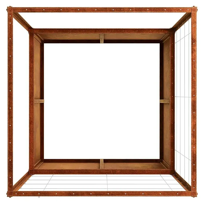 Palatino Hochbeet Home of Tomatoes - 100 x 100 x 183 cm, Cortenstahl, Rostbraun - Ansicht einer rechteckigen, offenen, rostfarbenen Stahlkonstruktion mit quadratischer Aussparung in der Mitte und Gitterelementen an einer Seite.