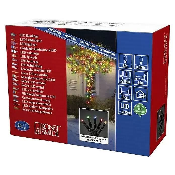 Konstsmide LED-Lichterkette - Außen, Lichtfarbe: Mehrfarbig, Anzahl Leuchtmittel: 80 Stk., Netzbetrieben - Konst Smide Box: 80 bunte Outdoor-LED-Lichterketten mit schwarzem Kabel.