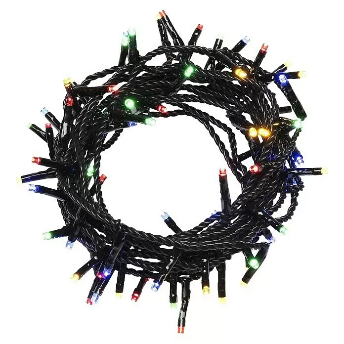Konstsmide LED-Lichterkette - Außen, Lichtfarbe: Mehrfarbig, Anzahl Leuchtmittel: 80 Stk., Netzbetrieben - Gewickelte mehrfarbige LED-Lichterkette mit schwarzem Kabel.