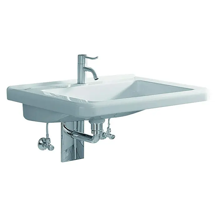 Geberit Renova Comfort Waschtisch - 60 x 55 cm, Mit schmutzabweisender Glasur, Hahnloch: Mitte, Ohne Überlauf, Weiß - Ein weißes Waschbecken mit einem modernen, silbernen Wasserhahn und chromfarbenen Rohren, das an einer weißen Wand befestigt ist.