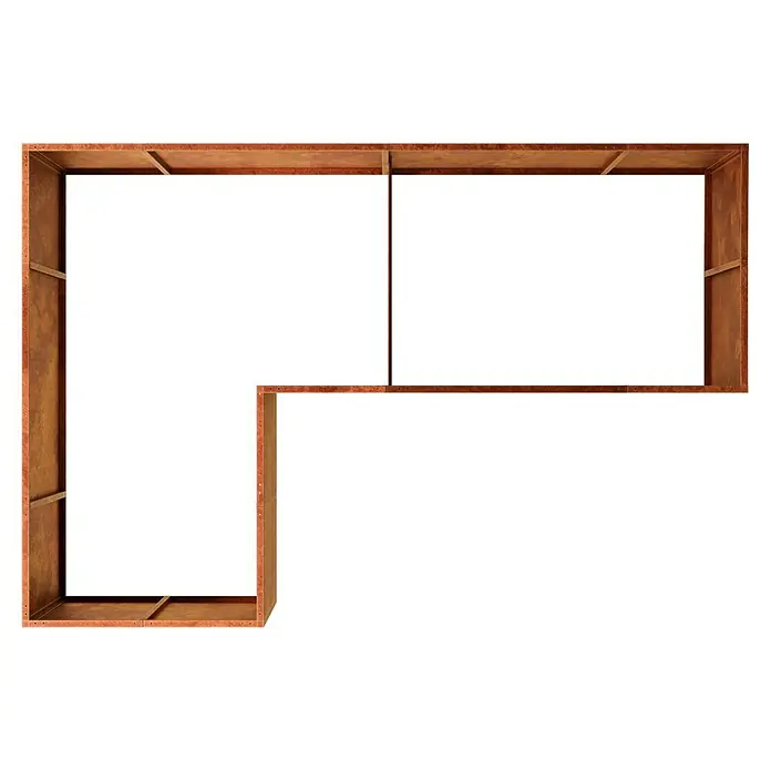 Palatino Hochbeet Urban L - 300 x 200 x 70 cm, Cortenstahl, Rostbraun - Ansicht einer L-förmigen rustikalen Regalkonstruktion aus Holz vor schwarzem Hintergrund.