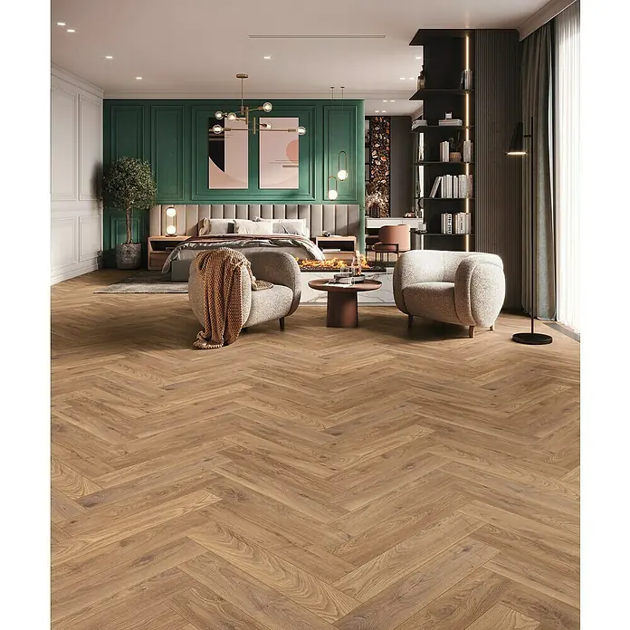 LOGOCLIC Vinto Laminat Vinto Herringbone - Oberon Oak, Landhausdiele, 630 x 126 x 8 mm - Elegantes Schlafzimmer mit warmem Holzfußboden im Fischgrätmuster, das Gemütlichkeit und Stil vereint. Die perfekte Basis für ein luxuriöses Ambiente.
