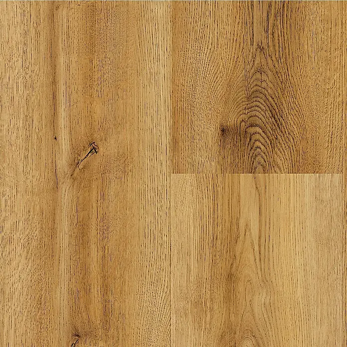 Krono Original Laminat Organic Veneer Parquet - Oak Schönbrunn, Landhausdiele, 1.383 x 244 x 8,5 mm - Nahaufnahme von hellem Eichenparkett. Das Holz hat eine natürliche Maserung und Astlöcher, die dem Boden Charakter verleihen.
