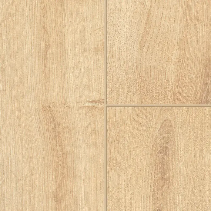 Classen Laminat 731-4 - Eiche Natur hell, Landhausdiele, 1.286 x 194 x 7 mm - Detailaufnahme von vier hellbraunen Holzbodenfliesen mit einer dezenten Holzmaserung und hellen Fugen.