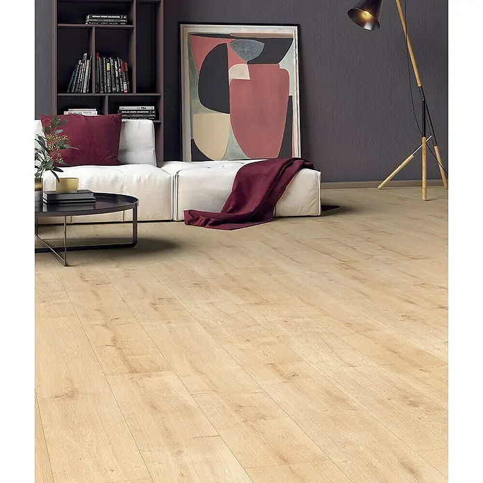 Classen Laminat 731-4 - Eiche Natur hell, Landhausdiele, 1.286 x 194 x 7 mm - Helles Laminat in Holzoptik mit warmen Untertönen. Passt perfekt zu modernen Möbeln und schafft eine gemütliche Atmosphäre.