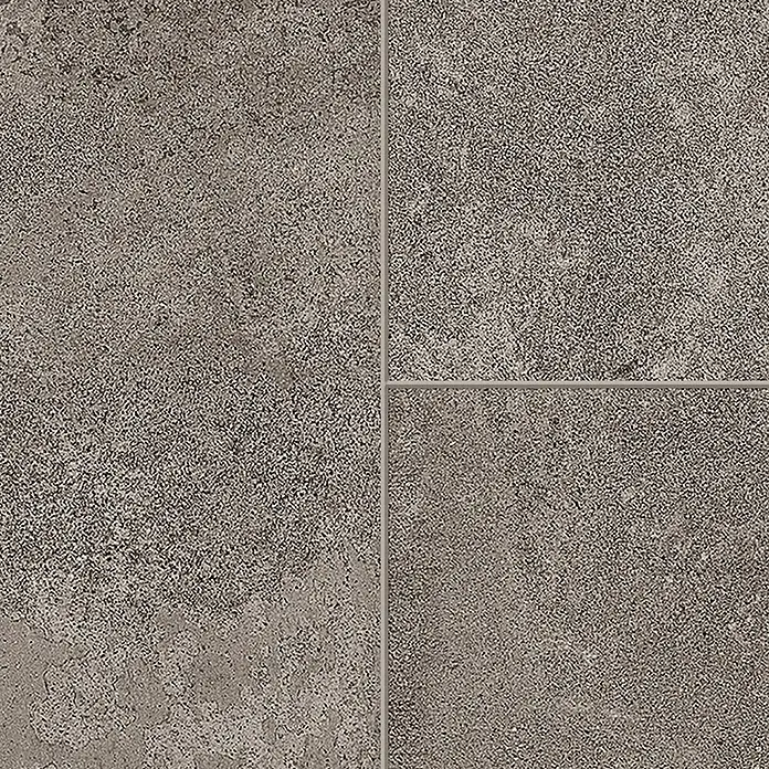 Classen Laminat Visiogrande - Concrete grey-brown, 604 x 280 x 8 mm - Nahaufnahme von vier grauen Steinzeugfliesen mit gesprenkelter Textur und schmalen Fugenlinien. Robustes und stilvolles Bodendesign.