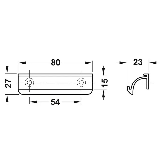 Möbelgriff - Aluminium, Länge: 80 mm - Abbildung des Möbelgriffs mit Bemaßung zur Veranschaulichung der Größe und des Designs.