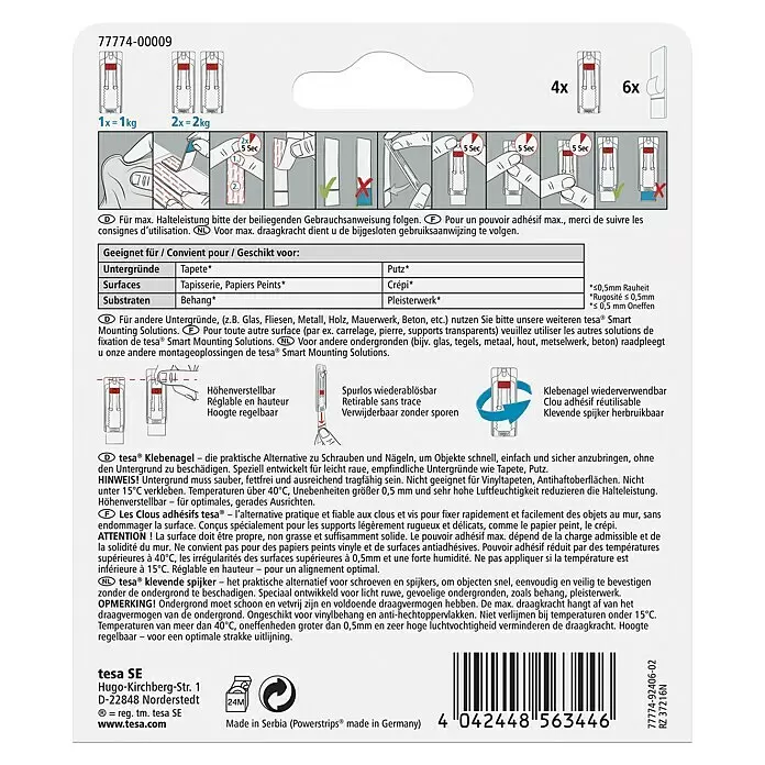 Tesa Verstellbarer Klebenagel - Geeignet für: Tapeten, Belastbarkeit: 1 kg, Weiß, 4 Stk. - tesa® Klebenägel und Strips (4x Nägel, 6x Strips) mit 1kg/2kg Haltekraft, wiederverwendbar, höhenverstellbar, für verschiedene Untergründe.