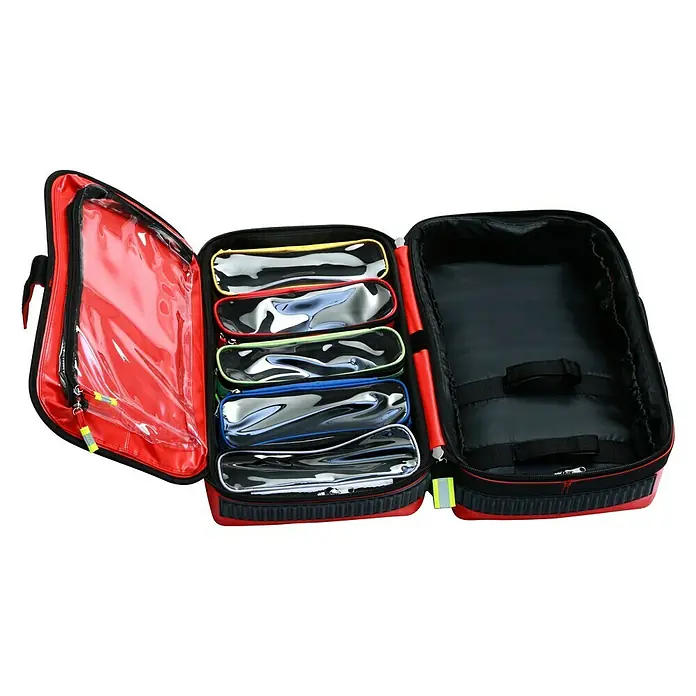 Leina-Werke Erste-Hilfe-Notfallrucksack Profi - Ohne Inhalt, Rot - Offene Notfalltasche mit diversen Fächern und transparenten Abdeckungen, ideal für den medizinischen Einsatz.