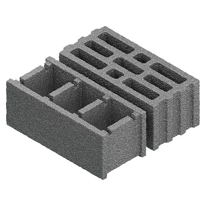 Craftomat Bohrkrone - Durchmesser Bohrer: 82 mm - Zwei graue, texturierte Hohlblocksteine, teilweise ineinandergreifend.
