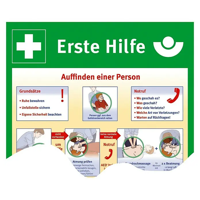 Leina-Werke Aushang - ASR A 1.3, Hart-PVC, Motiv: Erste Hilfe - Erste-Hilfe-Anleitung zur Auffindung einer Person, inklusive Notrufhinweise und grundlegende Maßnahmen zur Lebensrettung.