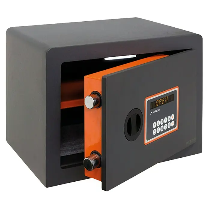 Arregui Caja fuerte Plus C - L x An x Al: 25 x 35 x 25 cm, Tipo de bloqueo: Códigos de usuario, 15 l - Una caja fuerte digital gris con la puerta abierta, que revela su interior con marco naranja y pomos plateados.