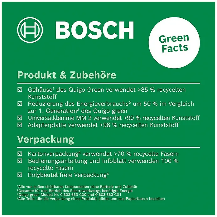Bosch Kreuzlinienlaser Quigo Green II - Max. Arbeitsbereich: 12 m - Umweltfreundliche Produktinformationen von Bosch Quigo Green: Gehäuse aus recyceltem Kunststoff, reduzierte Energieverbrauch, recycelte Verpackung.