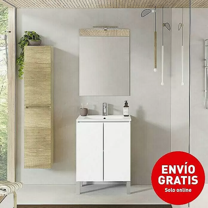Artysan Conjunto de mueble de baño Versa - Ancho: 60 cm, 3 pzs., Blanco, Mate - Mueble de baño blanco con lavabo integrado, espejo y armario alto de madera en un baño moderno.
