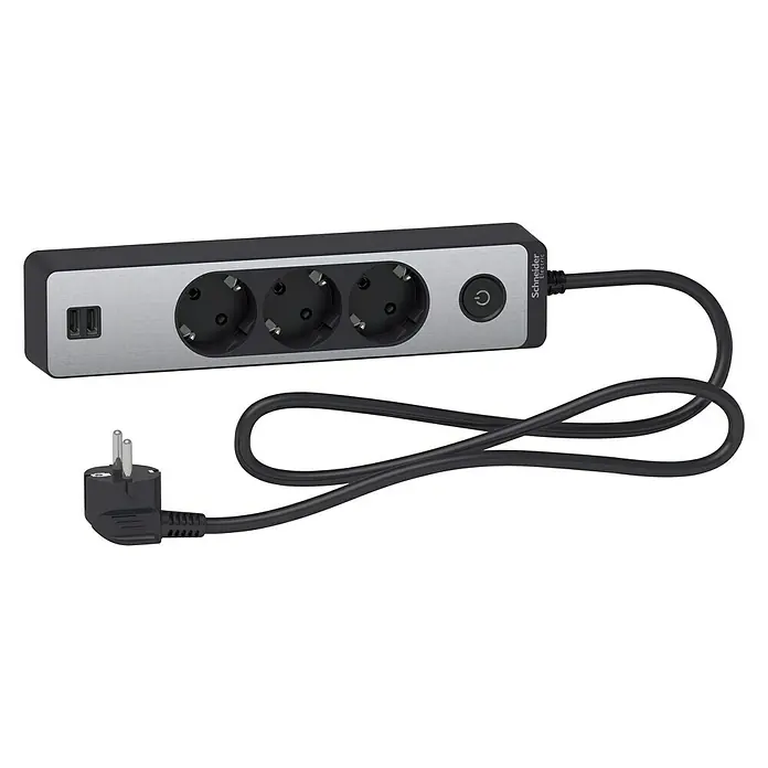 Schneider Electric Base de enchufe múltiple con USB - Plateado/Antracita, Longitud del cable: 1,5 m, Con interruptor, 3 ud. - La regleta de enchufes de Schneider Electric con tres tomas y puertos USB proporciona un acceso cómodo a la energía.