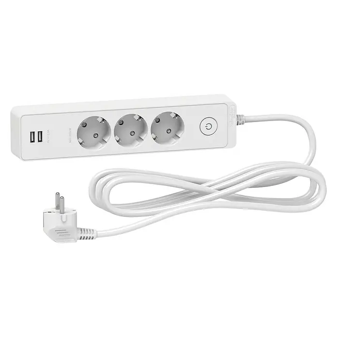 Schneider Electric Base de enchufe múltiple con USB - Blanco, Longitud del cable: 3 m, Con interruptor, 3 ud. - Primer plano de una regleta Schuko blanca con puertos USB y un cable blanco sobre un fondo blanco.
