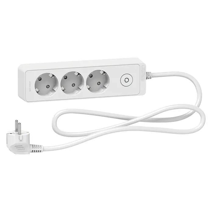 Schneider Electric Base de enchufe múltiple - Blanco, Longitud del cable: 1,5 m, Con interruptor, 3 ud. - Imagen de una regleta blanca con tres enchufes y un cable de alimentación, ideal para usar en casa o en la oficina.