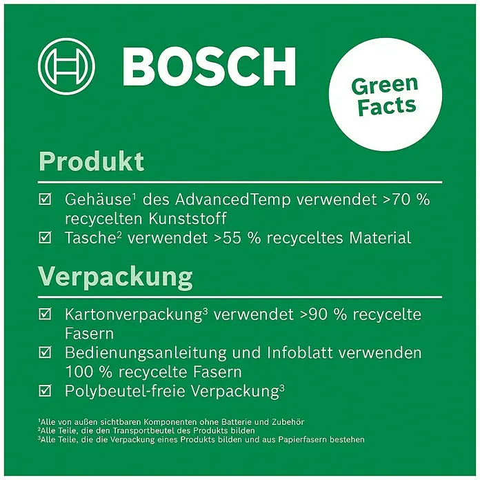Bosch Advanced Temperaturmessgerät AdvancedTemp - Messbereich: -30 °C bis +500 °C - Bosch Green Facts: Gehäuse aus >70 % recyceltem Kunststoff, Tasche aus >55 % recyceltem Material und >90 % recycelte Fasern.