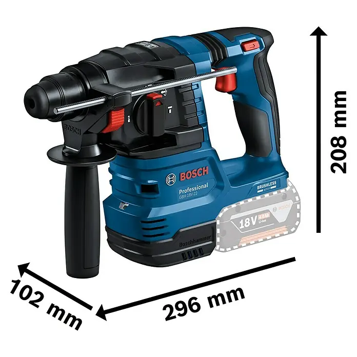 Bosch Professional AMPShare 18V Akku-Bohrhammer PRO GBH 18V-22 - 18 V, 2 Akkus, 4 Ah, 1,9 J - Abbildung eines Bosch GBH 18V-22 Akku-Bohrhammers mit Maßangaben.