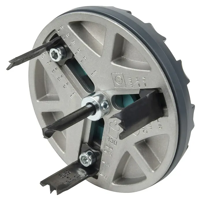 Wolfcraft Lochsäge verstellbar - Arbeitsdurchmesser: 45 mm - 90 mm, Schnitttiefe: 30 mm - Verstellbarer Kreisschneider. Mit den drei Messern lassen sich präzise Löcher in verschiedenen Durchmessern schneiden. Ideal für den professionellen Einsatz.