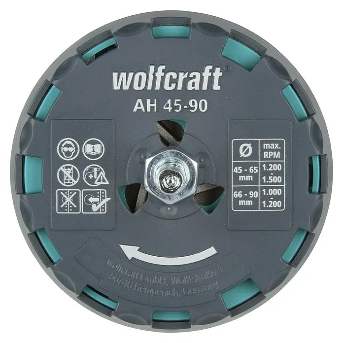Wolfcraft Lochsäge verstellbar - Arbeitsdurchmesser: 45 mm - 90 mm, Schnitttiefe: 30 mm - Wolfcraft AH 45-90 Winkelschleiferaufsatz mit Drehrichtungspfeil, Marke, Modellnummer, Sicherheitshinweisen und Drehzahlinformationen.