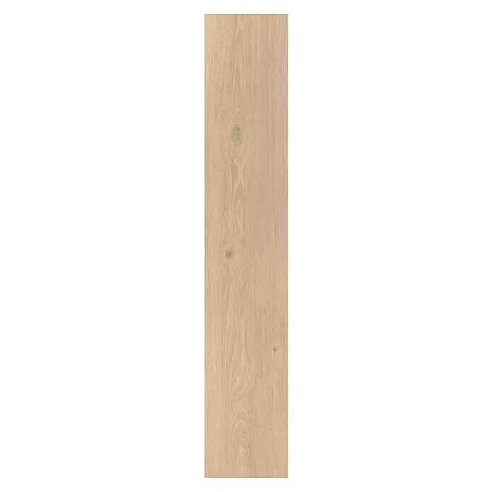 Parador Vinylboden Basic 30 - Eiche Studioline geschliffen, Landhausdiele, 1.207 x 216 x 9,4 mm - Natürliches, hellbraunes Holzfußbodenpaneel mit ausgeprägter Maserung und einem Ast.
